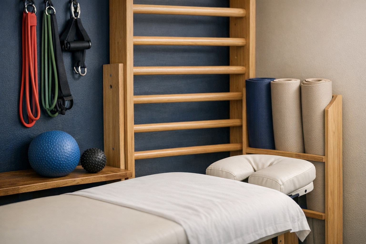 Detal sprzętu do treningu medycznego, drabinek, mat i stołu terapeutycznego.